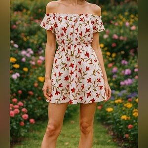 Lovers & Friends Off the Shoulder Mini Dress in Beige Floral